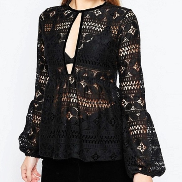 ASOS Lace and Velvet Open Front Smocked Top Black - Picture 3 of 13
